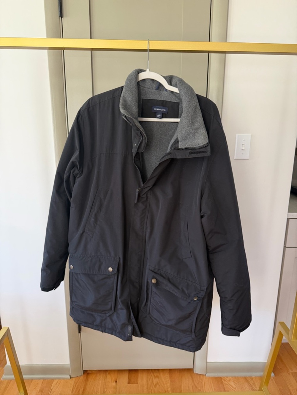 Lands' End Men's Black Field Jacket with Gray Fleece Collar